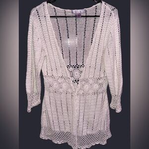 Nine & Co Nine West Medium White Crochet Knit Vintage Boho Cardigan Coverup Top